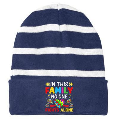 In This Family Nobody Fights Alone Autism Awareness Autistic Striped Beanie with Solid Band