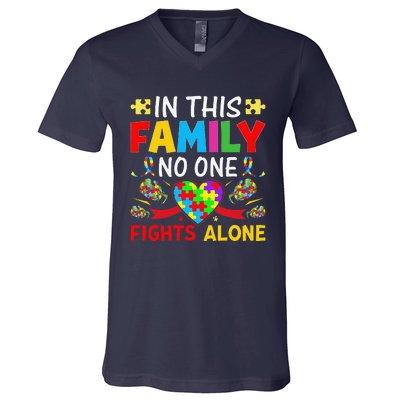 In This Family Nobody Fights Alone Autism Awareness Autistic V-Neck T-Shirt