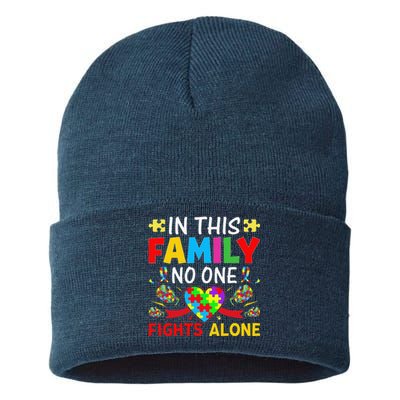 In This Family Nobody Fights Alone Autism Awareness Autistic Sustainable Knit Beanie