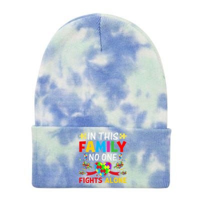 In This Family Nobody Fights Alone Autism Awareness Autistic Tie Dye 12in Knit Beanie