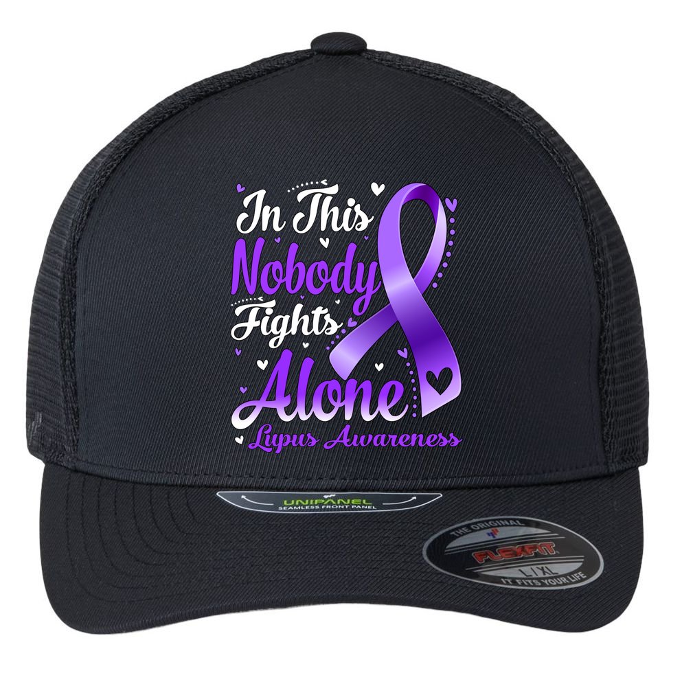 In This Family Nobody Fight Alone Lupus Awareness Great Gift Flexfit Unipanel Trucker Cap