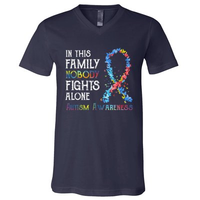 In This Family Nobody Fights Alone Autism V-Neck T-Shirt