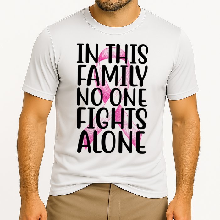 In This Family No One Fights Alone Breast Cancer Ribbon Cooling Performance Crew T-Shirt