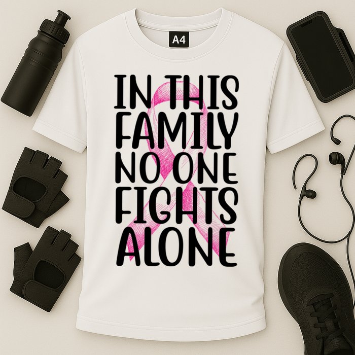 In This Family No One Fights Alone Breast Cancer Ribbon Cooling Performance Crew T-Shirt
