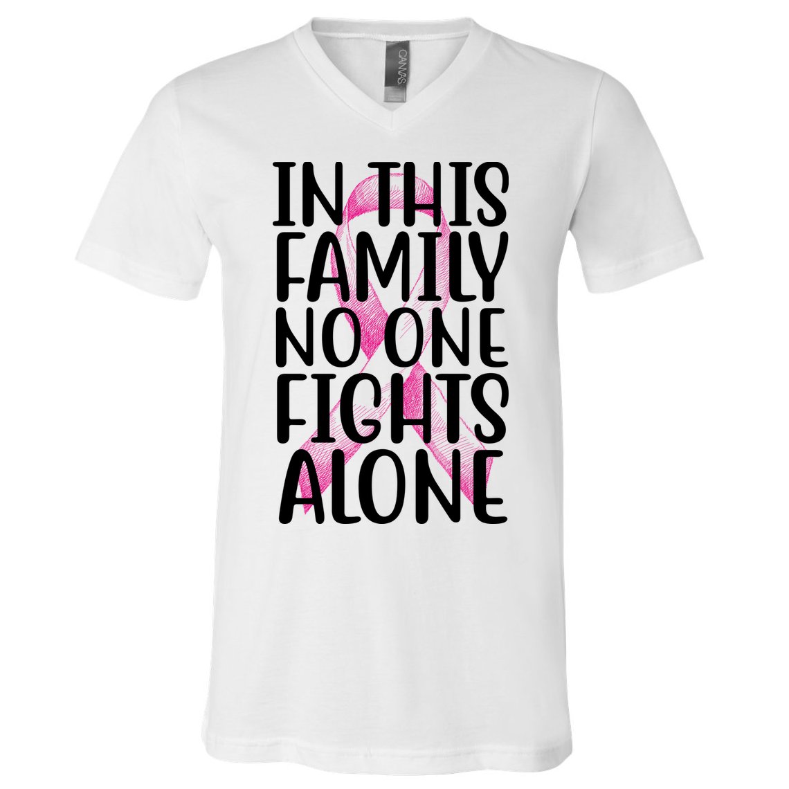 In This Family No One Fights Alone Breast Cancer Ribbon V-Neck T-Shirt