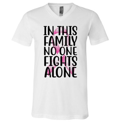 In This Family No One Fights Alone Breast Cancer Ribbon V-Neck T-Shirt