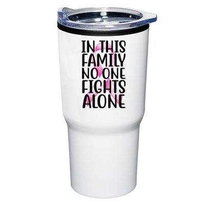 In This Family No One Fights Alone Breast Cancer Ribbon Tumbler