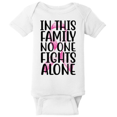 In This Family No One Fights Alone Breast Cancer Ribbon Baby Bodysuit
