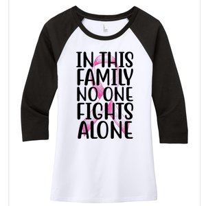 In This Family No One Fights Alone Breast Cancer Ribbon Women's Tri-Blend 3/4-Sleeve Raglan Shirt