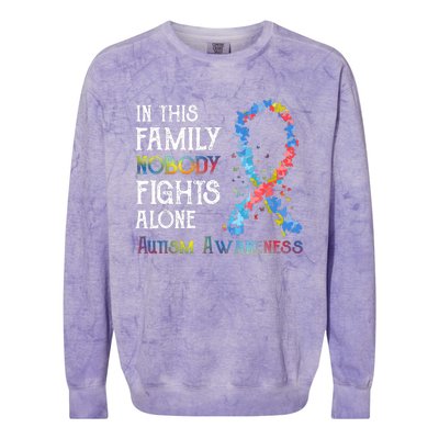 In This Family Nobody Fights Alone Autism Colorblast Crewneck Sweatshirt