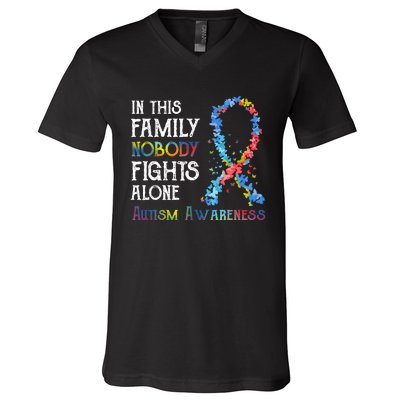 In This Family Nobody Fights Alone Autism V-Neck T-Shirt