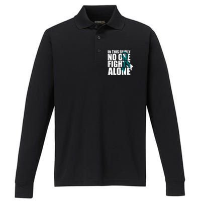 In This Family No One Fights AloneCervical Cancer Awareness Performance Long Sleeve Polo