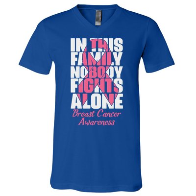 In This Family Nobody Fights Alone Breast Cancer Awareness Cute Gift V-Neck T-Shirt