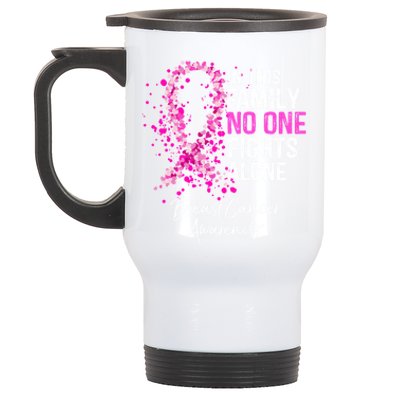 In This Family No One Fights Alone Breast Cancer Awareness Cool Gift Stainless Steel Travel Mug