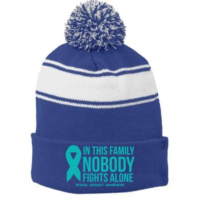 In This Family Nobody Fights Alone Sexual Assault Awareness Gift Stripe Pom Pom Beanie