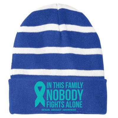 In This Family Nobody Fights Alone Sexual Assault Awareness Gift Striped Beanie with Solid Band