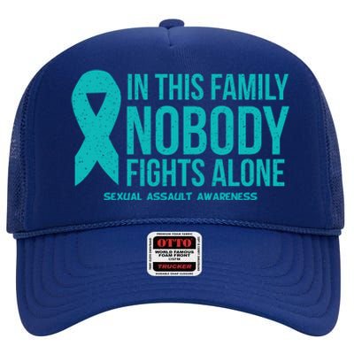 In This Family Nobody Fights Alone Sexual Assault Awareness Gift High Crown Mesh Back Trucker Hat