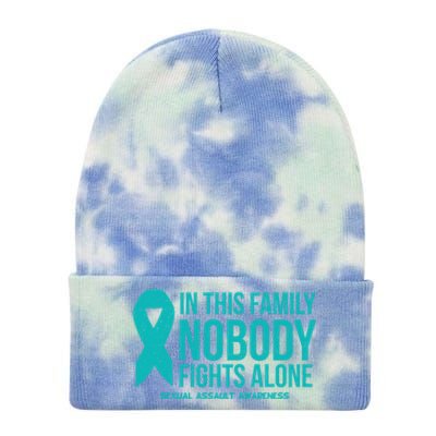 In This Family Nobody Fights Alone Sexual Assault Awareness Gift Tie Dye 12in Knit Beanie