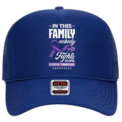 In This Family Nobody Fights Alone Cystic Fibrosis Awareness Gift High Crown Mesh Back Trucker Hat