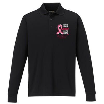 In This Family Nobody Fights Alone Breast Cancer Awareness Performance Long Sleeve Polo