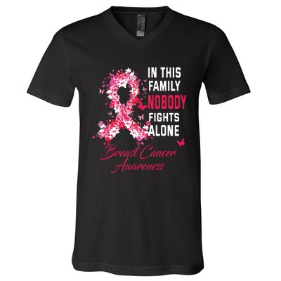 In This Family Nobody Fights Alone Breast Cancer Awareness V-Neck T-Shirt