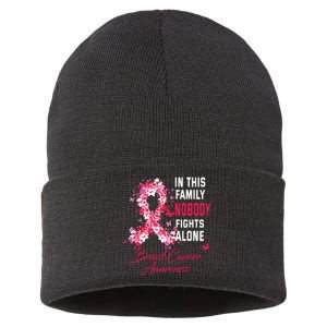 In This Family Nobody Fights Alone Breast Cancer Awareness Sustainable Knit Beanie