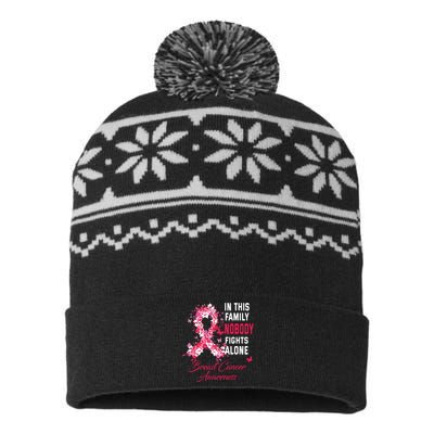 In This Family Nobody Fights Alone Breast Cancer Awareness USA-Made Snowflake Beanie