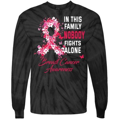 In This Family Nobody Fights Alone Breast Cancer Awareness Tie-Dye Long Sleeve Shirt