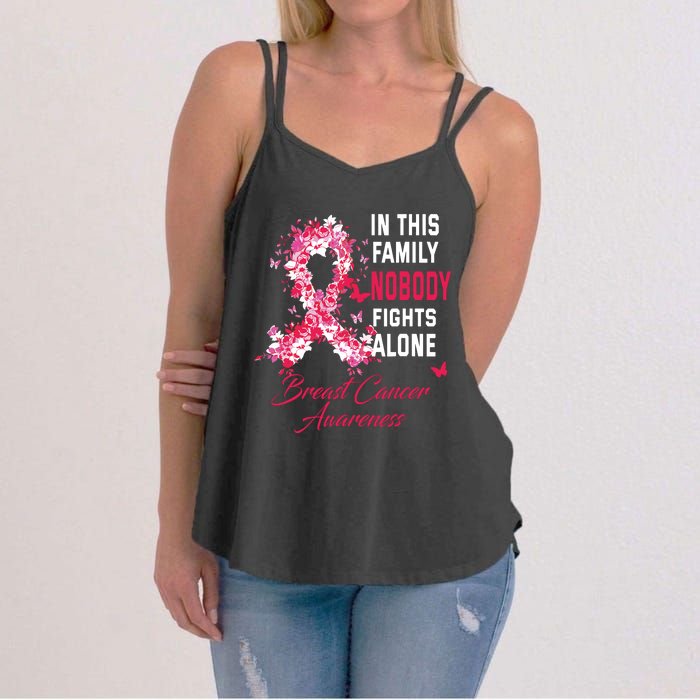 In This Family Nobody Fights Alone Breast Cancer Awareness Women's Strappy Tank