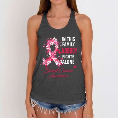 In This Family Nobody Fights Alone Breast Cancer Awareness Women's Knotted Racerback Tank