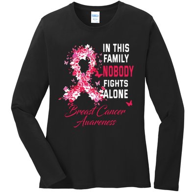 In This Family Nobody Fights Alone Breast Cancer Awareness Ladies Long Sleeve Shirt