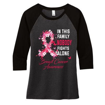 In This Family Nobody Fights Alone Breast Cancer Awareness Women's Tri-Blend 3/4-Sleeve Raglan Shirt