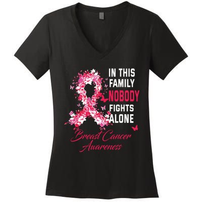 In This Family Nobody Fights Alone Breast Cancer Awareness Women's V-Neck T-Shirt