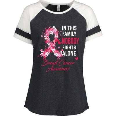 In This Family Nobody Fights Alone Breast Cancer Awareness Enza Ladies Jersey Colorblock Tee