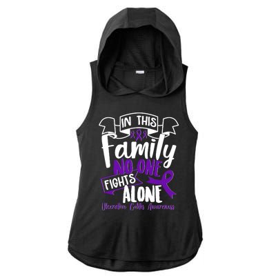 In This Family No One Fights Alone Ulcerative Colitis Awareness Ladies PosiCharge Tri-Blend Wicking Draft Hoodie Tank