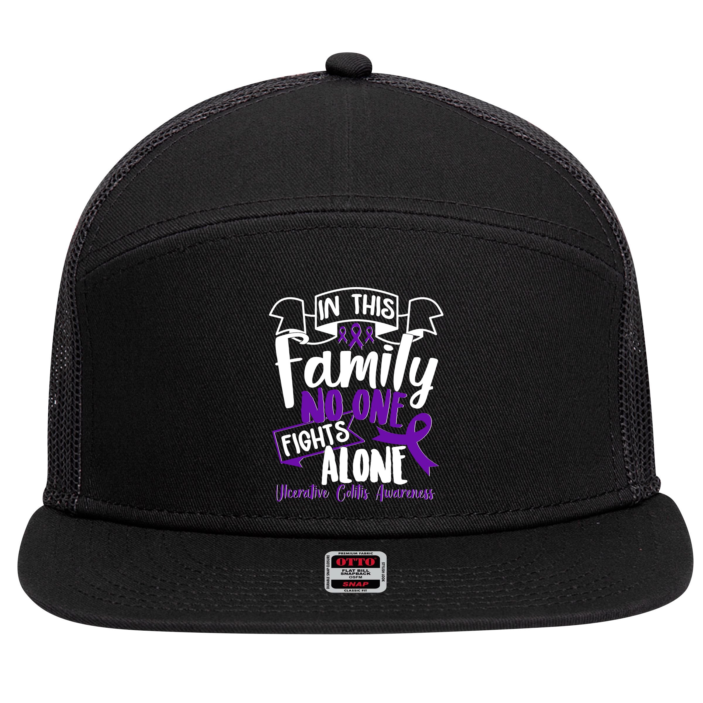 In This Family No One Fights Alone Ulcerative Colitis Awareness 7 Panel Mesh Trucker Snapback Hat
