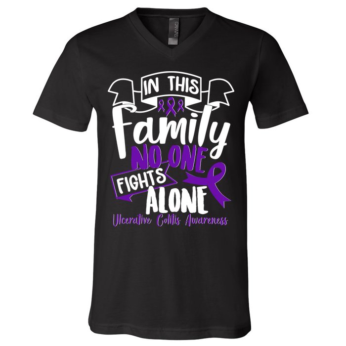 In This Family No One Fights Alone Ulcerative Colitis Awareness V-Neck T-Shirt