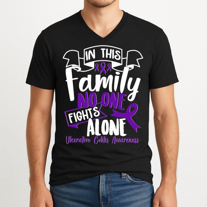 In This Family No One Fights Alone Ulcerative Colitis Awareness V-Neck T-Shirt