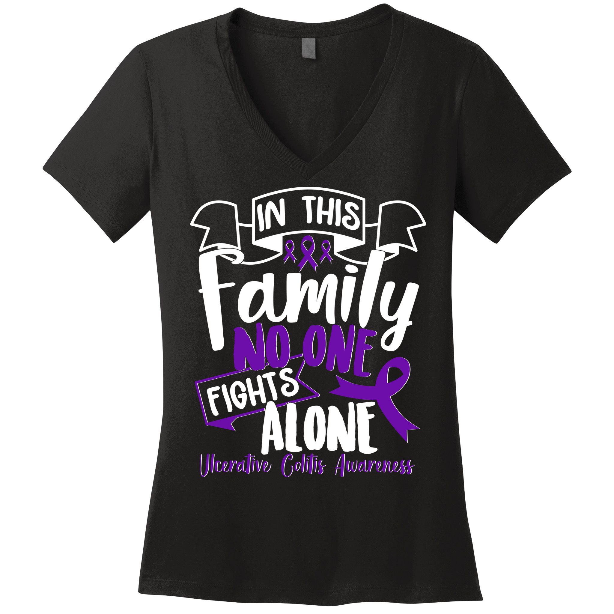 In This Family No One Fights Alone Ulcerative Colitis Awareness Women's V-Neck T-Shirt