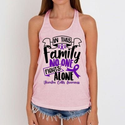 In This Family No One Fights Alone Ulcerative Colitis Awareness Women's Knotted Racerback Tank