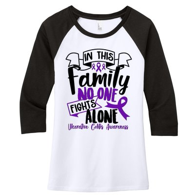 In This Family No One Fights Alone Ulcerative Colitis Awareness Women's Tri-Blend 3/4-Sleeve Raglan Shirt