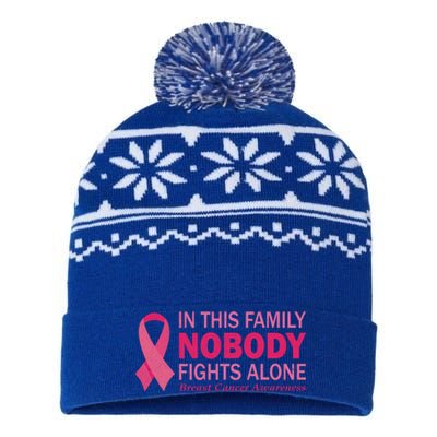 In This Family Nobody Fights Alone Funny Gift Breast Cancer Warrior Funny Gift USA-Made Snowflake Beanie