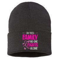 In This Family No One Fight Alone Breast Cancer Awareness Sustainable Knit Beanie