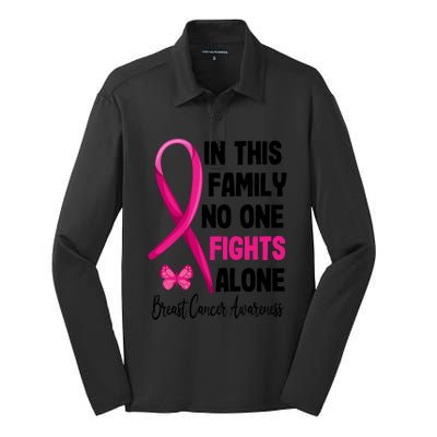 In This Family Nobody Fights Alone Breast Cancer Warrior Gift Silk Touch Performance Long Sleeve Polo