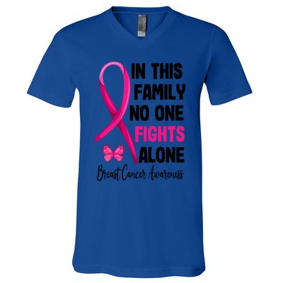 In This Family Nobody Fights Alone Breast Cancer Warrior Gift V-Neck T-Shirt