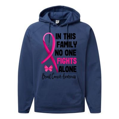 In This Family Nobody Fights Alone Breast Cancer Warrior Gift Performance Fleece Hoodie