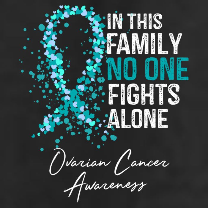 In This Family No One Fights Alone Ovarian Cancer Awareness Gift 7 Panel Mesh Trucker Snapback Hat