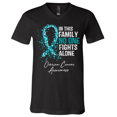 In This Family No One Fights Alone Ovarian Cancer Awareness Gift V-Neck T-Shirt