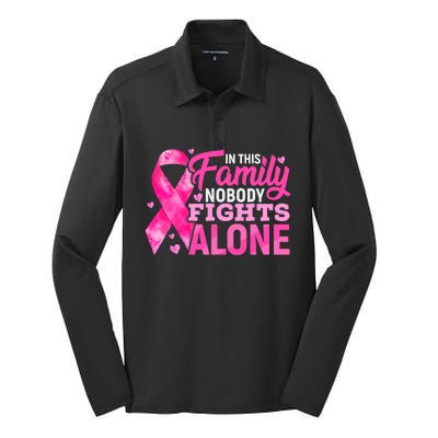 In This Family Nobody Fights Alone Breast Cancer Awareness Silk Touch Performance Long Sleeve Polo