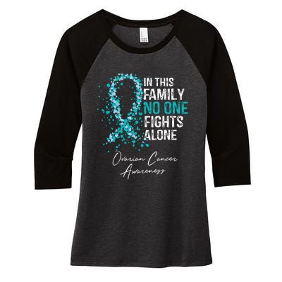 In This Family No One Fights Alone Ovarian Cancer Women's Tri-Blend 3/4-Sleeve Raglan Shirt